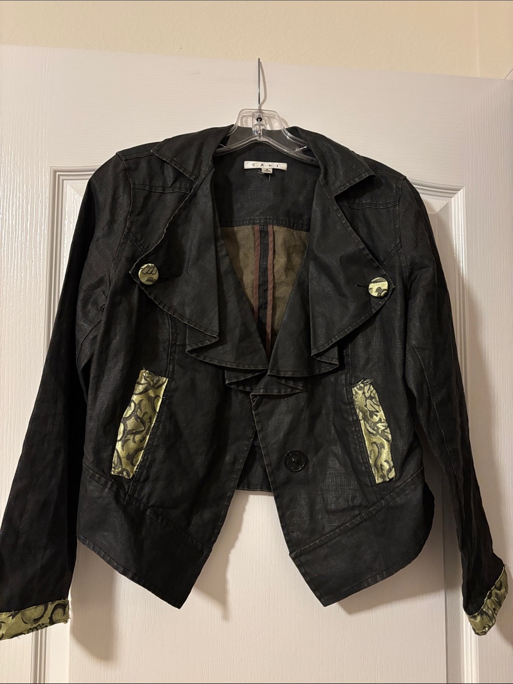 Cabi Waxed Linen Moto Jacket Charcoal Black Ruffle Cropped Style 901 Size Small